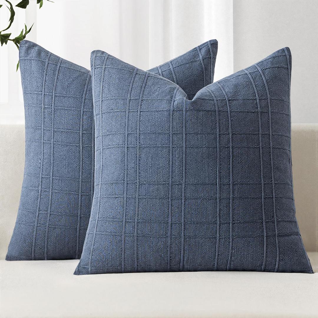 MIULEE Decorative Linen Check Euro Shams Throw Pillow Covers Neutral Farmhouse Vintage Pillow Covers 24x24 Set of 2 Boho Modern Home Decor for Sofa Couch Bedroom Cushion Blue
