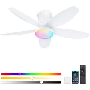 Surtime Flush Mount RGB Ceiling Fans with Lights-36 Low Profile Ceiling Fan with Light and Remote/APP Control,DC Reversible,LED Dimmable Ceiling Fans for Bedroom,Indoor/Outdoor Patio Use(White)