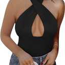 REORIA Butsmooth® Women's Trendy Sexy Criss Cross Halter Neck Sleeveless Thong Bodysuits Tops Clubwear, Size L