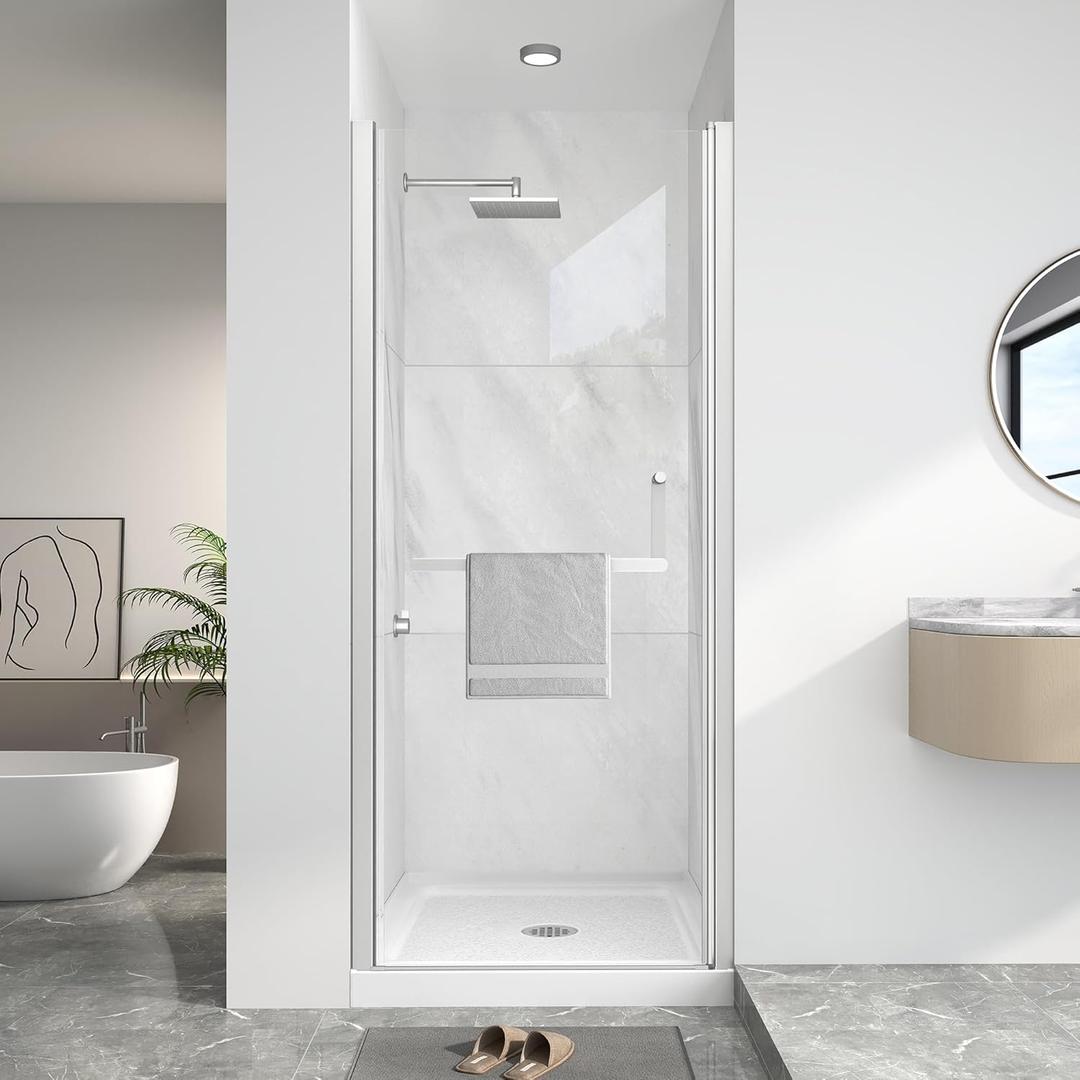 KPUY Pivot Shower Door, 34-36" W x 72" H Frameless Single Swing Glass Shower Door with Explosion-Proof Film Nano Coating, 1/4" (6mm) Thick Tempered Clear Glass, Brushed Nickel