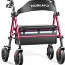HOMLAND Bariatric Walkers for Seniors, 500lb Heavy Duty Rollator Walker with Extra Wide Padded Seat, 8 All Terrain Foldable Rolling Walker with Dual-Height Adjustable (Burgundy)