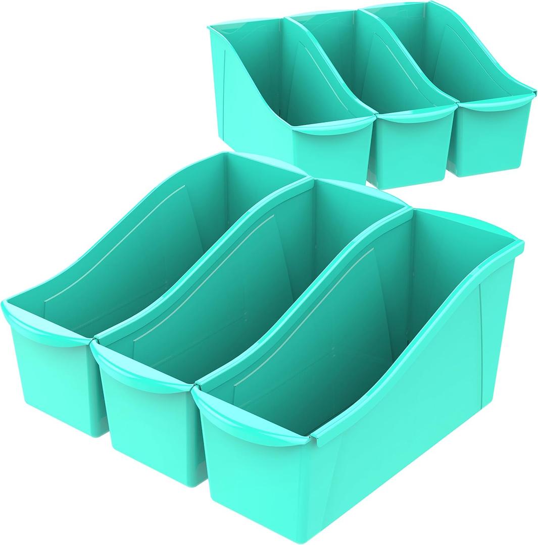 Storex Large Book Bin, Interlocking Plastic Organizer for Home, Office and Classroom, Teal, 6-Pack (71120U06C)