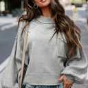 EVALESS Women's 2024 Lantern Long Sleeve Crewneck Sweater Casual Solid Color Ribbed Hem Knitwear Pullover Cropped Tops (Gray, S)