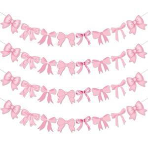 Neyeidru Bow Birthday Decorations Banner - 4Pcs Pink Bow Banner for Coquette Birthday Decorations Bow Garland Bunting for Girls Bow Party Decor Favor Supplies