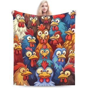 Funny Chicken Cartoon Blanket Gifts for Women, Kids, Colorful Farm Rooster Theme Flannel Blankets, Warm Cozy Soft Throw for Bedroom, Camping, Couch, Decor 60x80 in