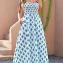 Gardenwed Women's Floral Print Maxi Dress,Spaghetti Strap Smocked Bodice A-Line Sundress with Pockets (Blue, M)
