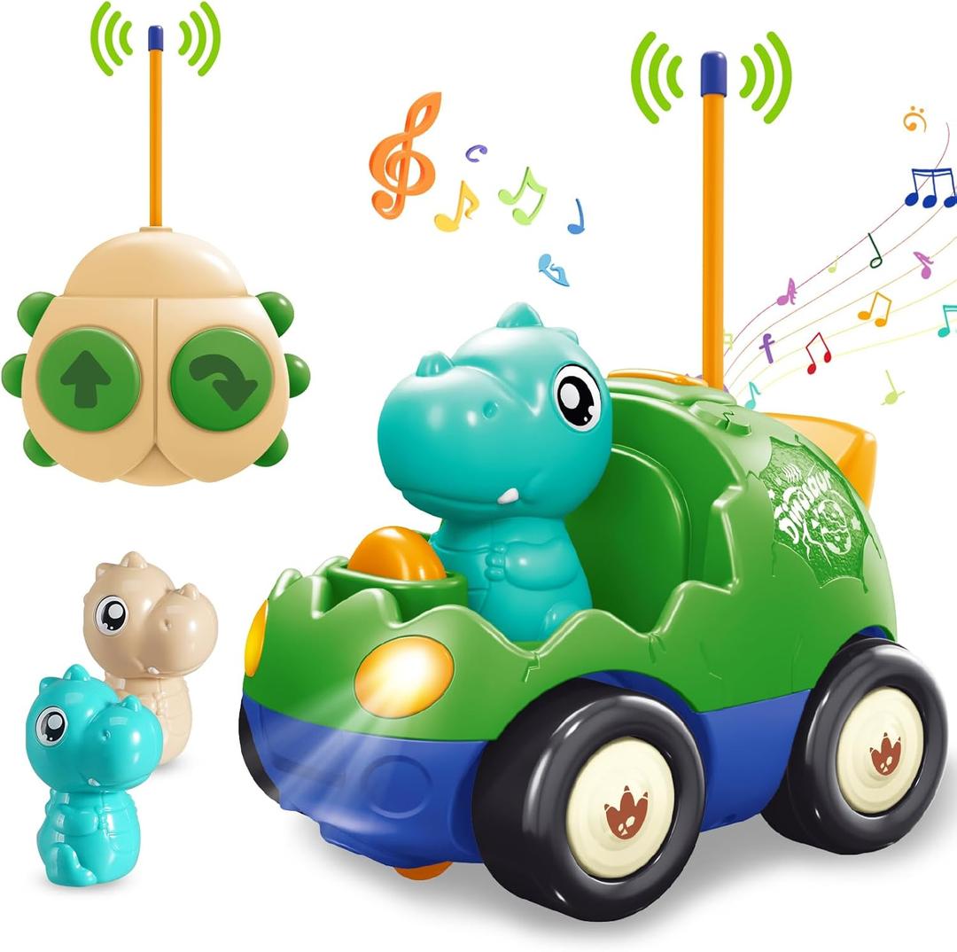 Dinosaur Remote Control Car for Toddler 1 2 3 Years Old, My First RC Car with Music & Lights, 2 Interchangeable Dolls, Baby Dinosaur Toys, Ideal Gifts for Kids Boys Girls (Forest Green)