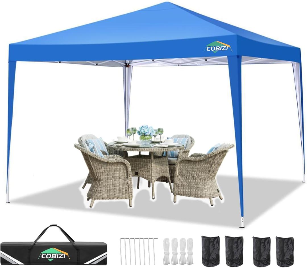 COBIZI 10x10 Ez Pop Up Canopy Tent, UPF 50+ Waterproof Outdoor Canopy, Instant Portable Camping Canopies Gazebo for Commercial Sun Shade Party Backyard with 4 Sandbags(Blue)