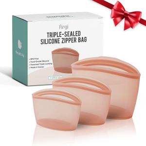 Firgi Premium Platinum Silicone Reusable Food Storage Bags 3-Pack (17 fl oz + 29 fl oz + 51 fl oz), Airtight Zip Lock Bags for Food, BPA-Free Silicone Freezer Bags, Rose