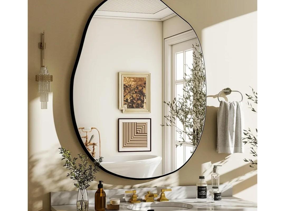HARRITPURE Irregular Wall Mirror 26"x40" Black Asymmetrical Bathroom Mirror Wood Framed Modern Decorative Vanity Mirrors for Bedroom Living Room Entryway