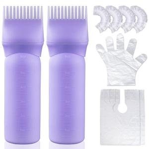 Hair Oil Applicator 2 Pack 6 Ounce Leak Proof Root Comb Bottle with 12-Tooth Comb for Hair Dye & Oil, Graduated Scale (Purple)