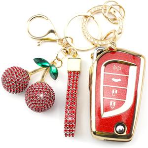 Sparkly Key Fob Cover with Cherry Keychain, Bling TPU Smart Key Case for Women, Compatible with Toyota 4Runner,Avalon,Camry Corolla Fortuner Highlander RAV4 LE (4-Button, Gold Red)