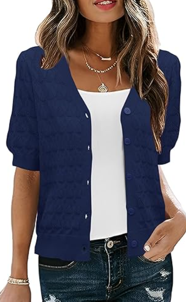 IECCP Cardigan Sweaters for Women Short Sleeve Lightweight Open Front Crochet Knit Shrugs 2025 Womens Fashion (Medium, Navy Blue)
