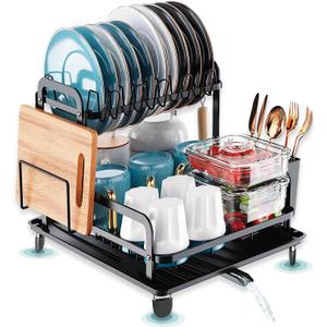 Dish Drying Rack - 2 Tier Dish Racks for Kitchen Counter, Drying Kitchen Plate Drainer with Auto Drainage, Cup Utensil & Cutting Board Holder Carbon Steel Bowl Strainer with Drainboard