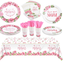 durony Happy Mother's Day Party Supplies Tableware Set Serve 24 Guests Tablecloth Paper Plates Cups Napkins Utensils Disposable Dinnerware Favors Birthday Party Decorations for Mother's Day
