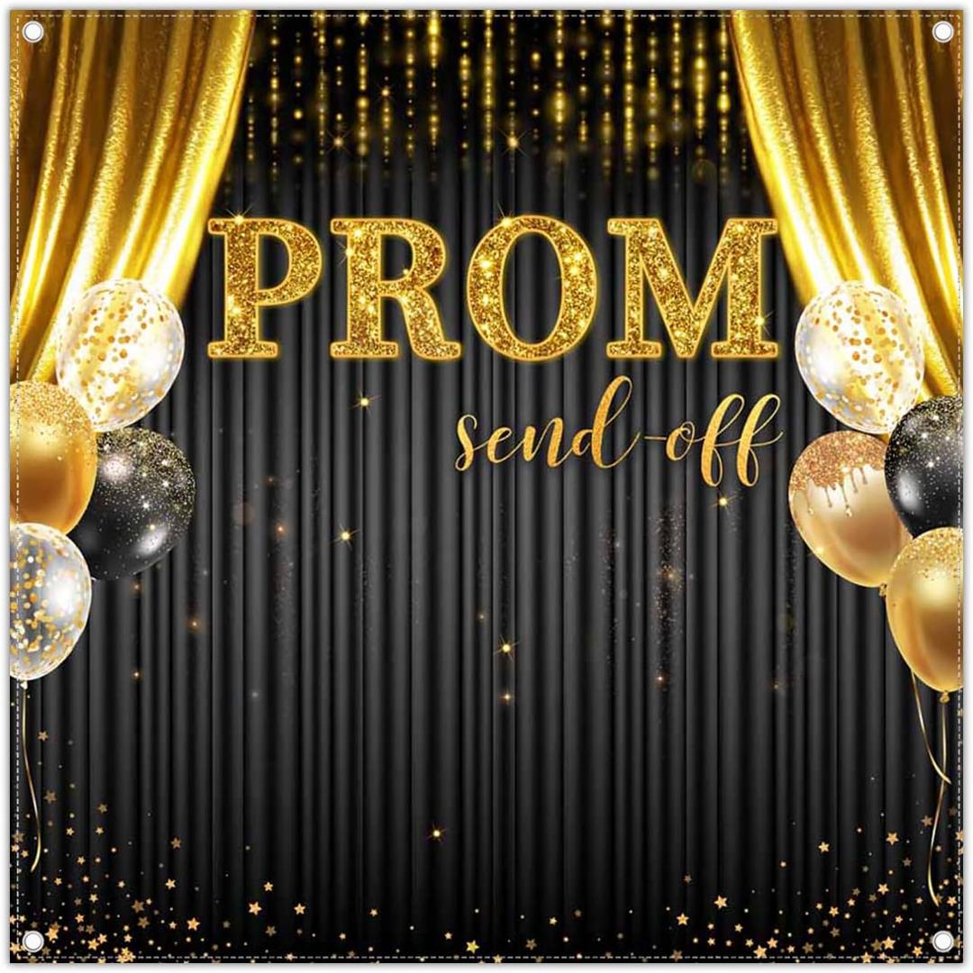 6x6ft Fabric 2026 Prom Send Off Backdrop Black and Gold Glitter Graduation Balloon Photography Background Congrats Grad Class School Party Decorations Photo Banner