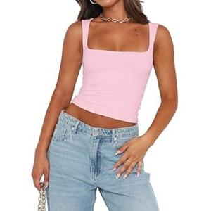 Chifeey Womens Sexy Crop Top Summer 2025 Square Neck Sleeveless Double Layer Going Out Tank Tops (Light Pink, M)