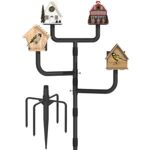 Garbuildman Upgraded Smart Bird Feeder Pole for 4 Birdhouses with Reinforced 5-Prong Base, Adjustable Birdhouse Pole for Outdoors, 4-in-1 Bird Feeder Stand Mounting Kit for Wild Birds Watching, Black