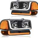 LED DRL Headlight, Headlights Assembly Kit Compatible with 1999-2007 GMC Sierra 1500/2001-2007 GMC Sierra 1500HD 2500HD 3500, Fit 1999-2006 Yukon Headlamp Black Housing Amber Reflector