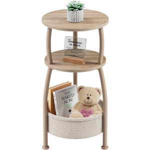 Small Side Table with Storage Basket, Space Saving Round End Table 3-Tier Bedside Corner Table for Living Room, Bedroom, Garden and More 11.81in Light Oak