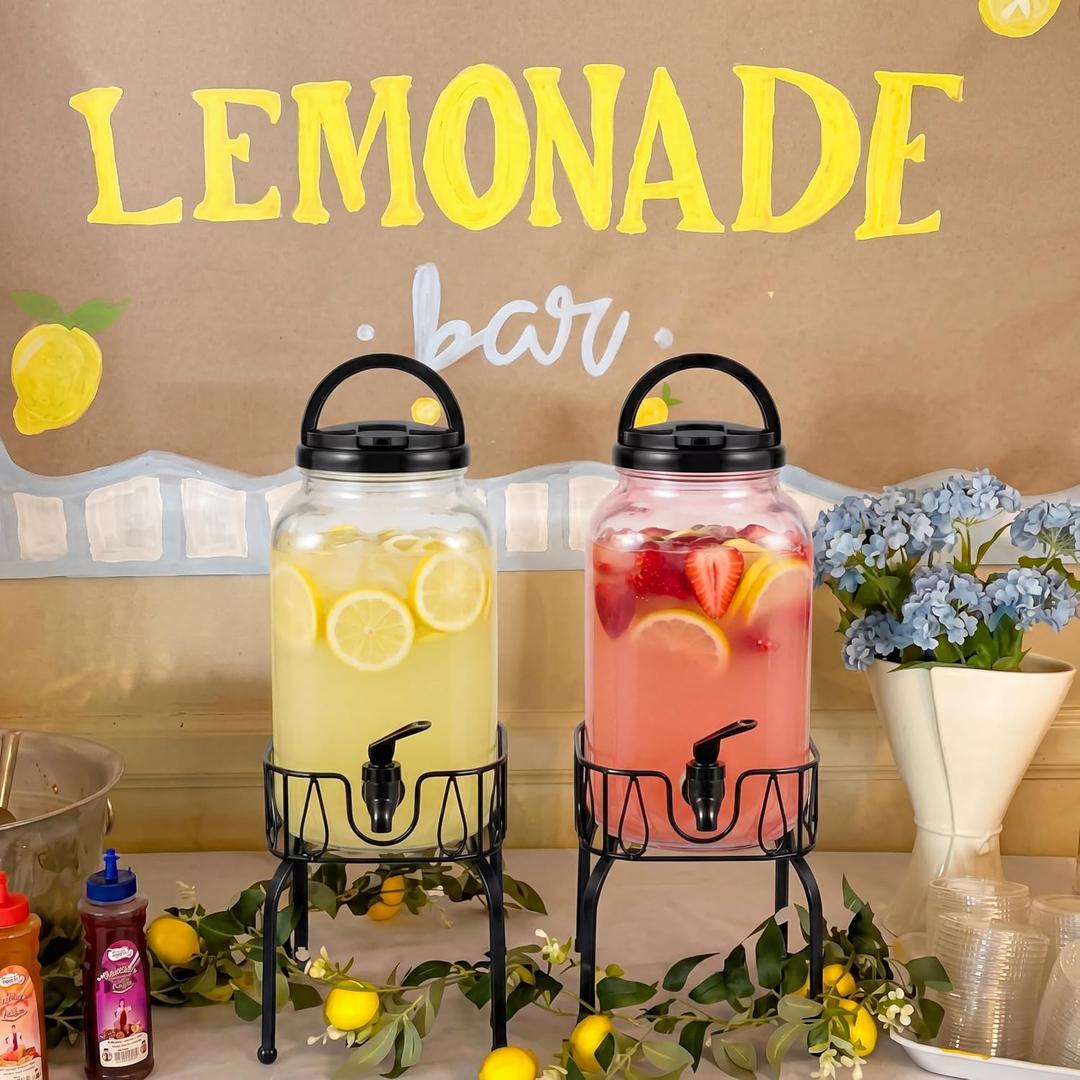 Tanlade 2 Pcs Plastic Drink Dispenser with Stand Beverage Dispenser with Sturdy Metal Base Juice Jar for Parties Lemonade Jar Spigot for Weddings Countertop Water, Each 1 Gallon(Black)