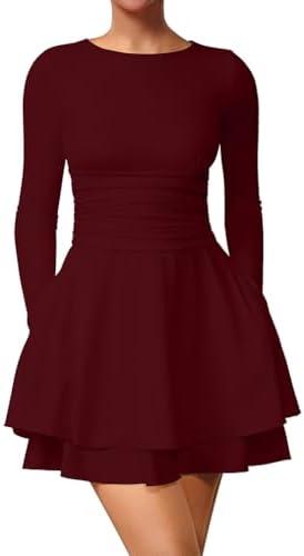 XXTAXN Women's Sexy Crew Neck Long Sleeeve Flowy Hem Cocktail Club Corset Mini Dress with Side Pocket L