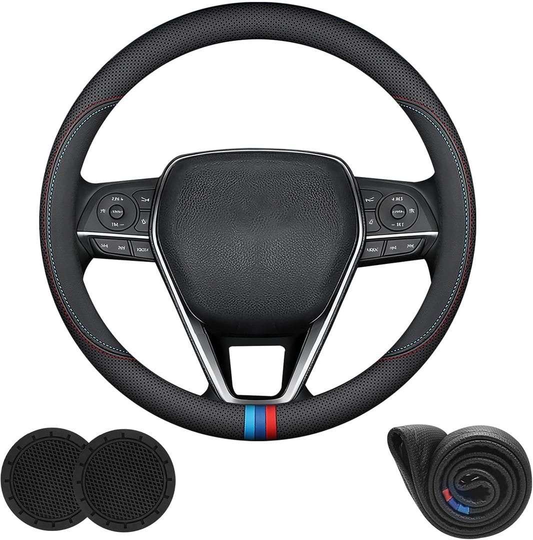 3 Pack Nappa Leather Car Steering Wheel Cover Fit for Toyota Corolla 2025 2024 2003-2023 Accessories, Non-Slip and Breathable, Universal 14.5-15 Inch, Black