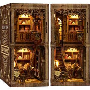 Book Nook Kit for Adult Miniature Model Build Dollhouse Kit 3D Wooden Puzzle with Sensor Led Light for Bookshelf Bookend Decor Adults Teen Craft(Classical Book Collection Room), 1Pack