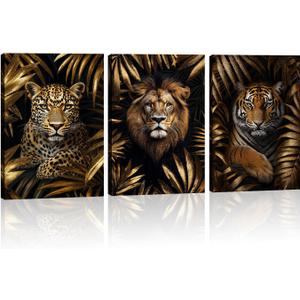 Leopard Tiger Lion Canvas Wall Art 3 Piece Gold palm Leaf Picture Black Poster African Theme Jungle Animal Painting Prints for Living Room Bedroom Home Office Decor Framed - 11.00"x14.00"x3P