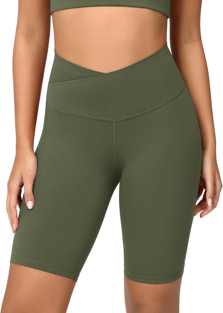 ODODOS Women's Crossover Yoga Shorts with Back Pocket, 8" Buttery Soft V High Waist Lounge Biker Shorts, Dark Olive, Medium, Small