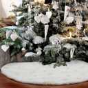Christmas Tree Skirt 60 inch Large Snow White Soft Faux Fur Skirt with Golden Sequin Snow Flakes Xmas Holiday Home Party Decorations