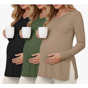 Sweetyweee 3 Pack Women's Maternity Shirts Long Sleeve Split Side Tee Loose Fit V Neck Pregnancy Clothes Fall Oversize Tops(Khaki, Army Green, Black,Large)