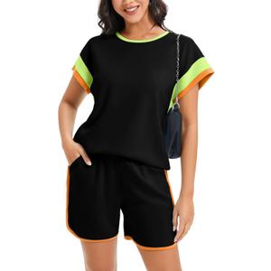 Women Shorts Sets 2-Piece Outfits Summer Casual Short Sleeve Beach Cruise Wear Lightweight Loungewear (Black, S)