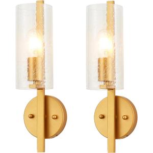 Modern Glass Wall Sconces Set of 2, Gold Wall Sconces for Bedroom, Industrial Sconce Wall Lighting for Entryway Bathroom Living Room Stairway