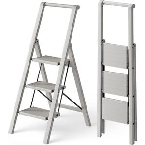 HillhutApex Aluminum 3 Step Ladder, Step Stool Foldable Ladder(Pale Grey)