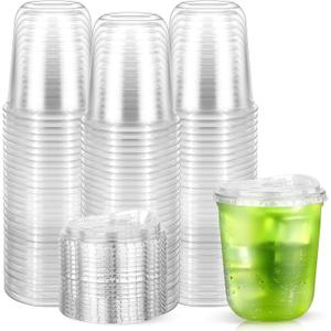 50 Pack 12 oz Round Bottom Plastic Cups with Sip Lids, Strawless To Go Iced Coffee Latte Cups, Disposable Clear Boba Tea Smoothie Cup for Cold Beverage Shops, Party, Picnics, Takeout, Office