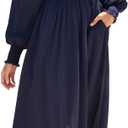 Long Sleeve Chiffon Midi Dresses Cut Out Back Sexy V Neck Smocked Waist Fall Wedding Guest Dress with Pockets