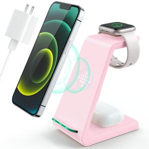 3 in 1 Wireless Charging Station, 2026 Upgraded Fast Desk Charger Station for iPhone 17 16 15 14 13 12 Pro Max Plus, Charger Stand for Apple Watch 10 9 8 7 6 5 4 3 2 SE, Airpods 4 3 2 Pro(Pink)