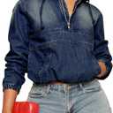 PINSV Women's Half Zip Sweatshirt Denim Hoodie Pullover Jacket Jean Tops (Large, Dark Blue)