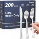 200 Count Heavy Duty Silver Plastic Silverware, 100 Forks, 50 Spoons, 50 Knives, BPA-Free, Heat Resistant, Disposable Plastic Utensils Set Cutlery Set, Plasticware Bulk