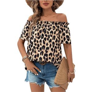 SweatyRocks Women's Off The Shoulder Leopard Print Blouses Summer Short Sleeve Tops Going Out, Size M