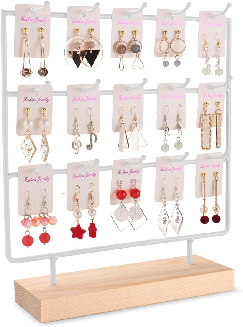 Earring Display Stand for Selling, Wood Earring Rack Tower Display Holder Stand (3 Tier,15 Hooks, White)