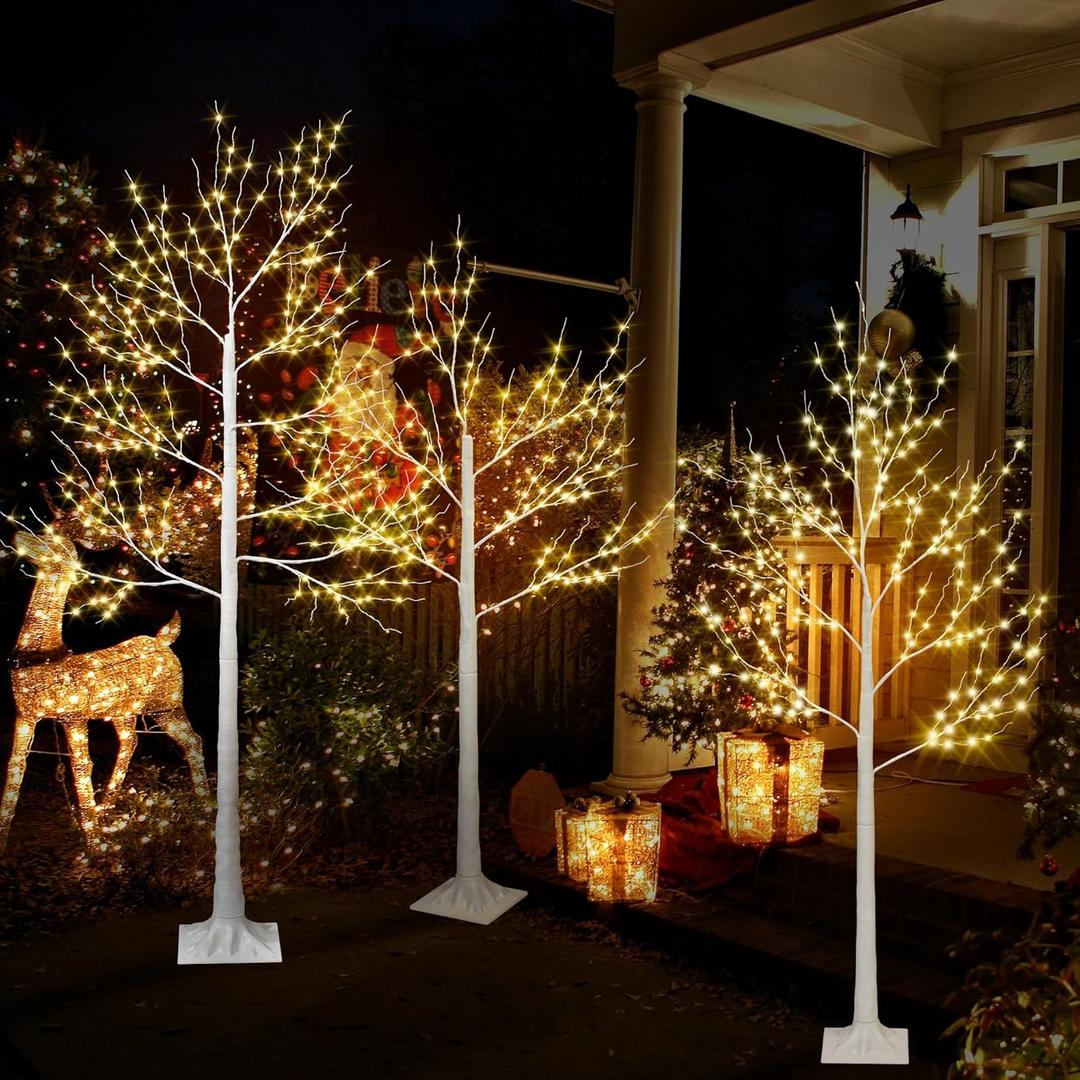 Seizeen 4ft 5ft and 6ft Birch Tree with Led Lights, Warm White, Pack of 3, Artificial Birch Tree Lights with Timer, Lighted Birch Trees for Home Festival Party & Christmas Decor, Indoor & Outdoor Use