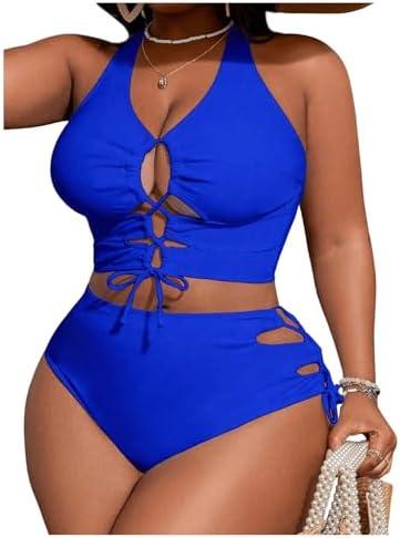 SOLY HUX Women's Plus Size Bikini Set Sexy Swimsuit Lace Up Tummy Control 2 Piece Bathing Suit, 1XL
