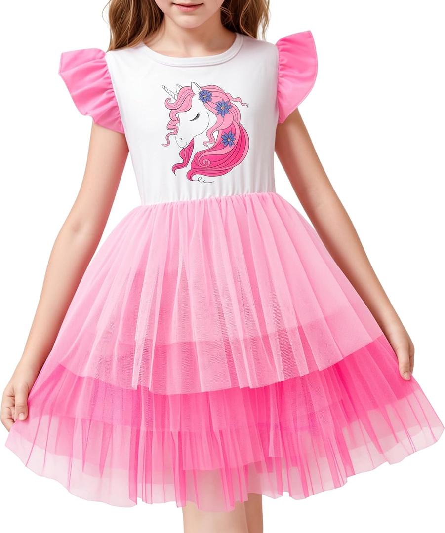 LQSZ Girls Tulle Dresses Princess Flutter Sleeve Tutu Dress for Toddler Girl 3-12 Years (Pink)