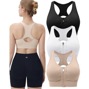 Evercute Women's Zip Front Sports Bras Wireless Padded Racerback Medium Support Post-Surgery Bra Yoga Exercise Athletic Bras