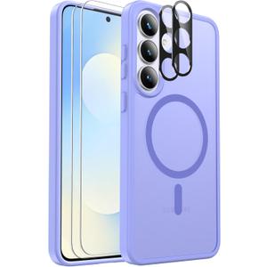 Ezanmull for Samsung Galaxy S25 FE Case Magnetic Shockproof, [Fit for MagSafe] [Glass Screen Protector + Camera Lens Protector] Translucent Anti-Fingerprint (Light Purple)