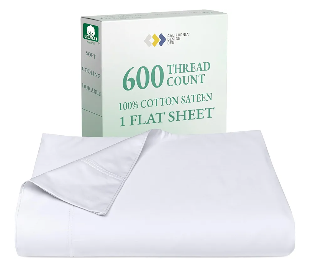 California Design Den King Size Flat Sheet Only - 100% Cotton, 600 Thread Count, Soft and Breathable Top Sheet, Sateen Weave, Premium-Feel Bedding, Featuring Foot Side Indicator - Bright White