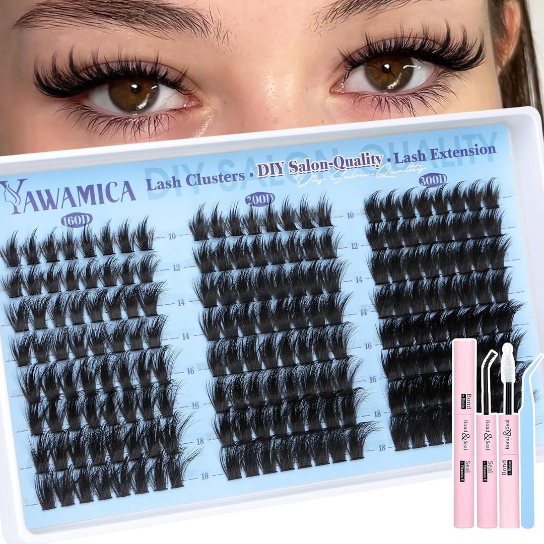 Wispy Lash Clusters Kit 160D 200D 300D Volume Lashes Clusters with Spikes Eyelash Clusters 10-18mm D Curl Cluster Eyelash Extensions with Strong Hold Bond & Seal Tweezers for College-Ready, Salon Look