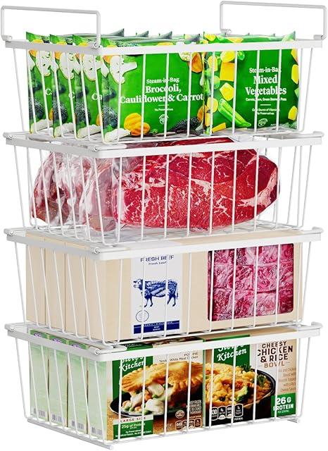 iSPECLE Freezer Organizer Bins - 4 Pack Stackable Chest Freezer Organizer for 5 Cu Ft Deep Freezer Sort Frozen Food, Deep Freezer Organizer Bins Easy to Get Food from Bottom without Digging, White